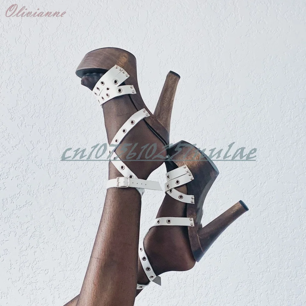 

White Hollow Rivets Decor Sandals Chunky High Heel Platform Retro Style Party Fashion Sexy Women Shoes 2026 Zapatos Para Mujere
