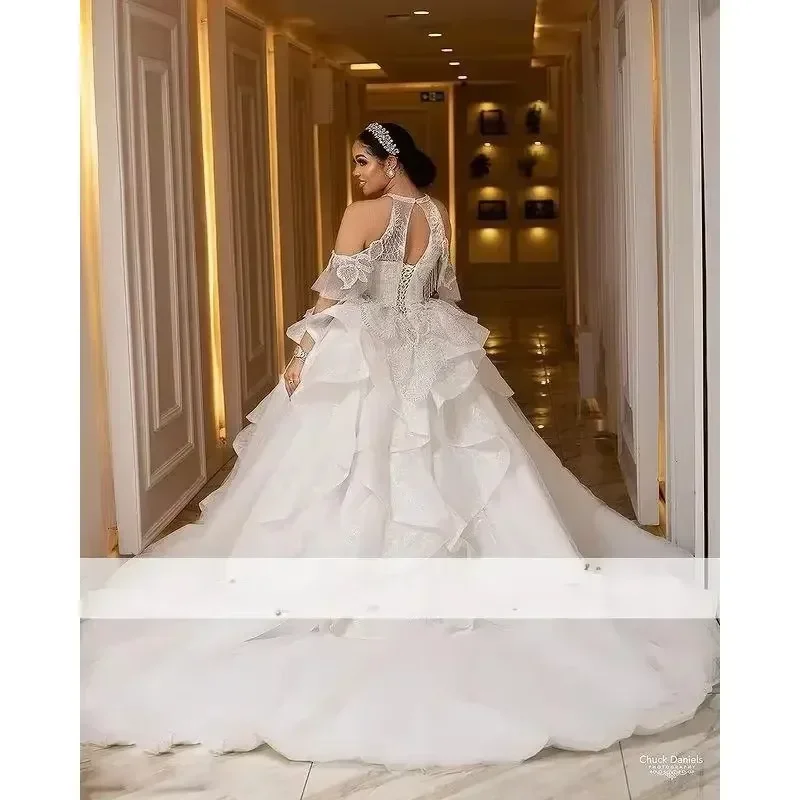 Customized  Off The Shoulder Ballgown Wedding Dress Sweep Train Vestido De Novia Open Back Multi-Layered Ruffles Bridal Gowns