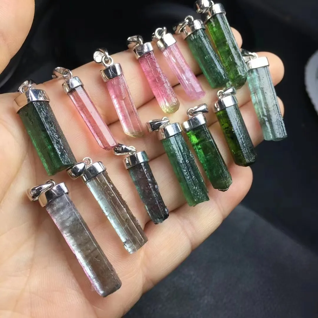 Unit One Piece 925 Silver Buckle With Rough Natural Watermelon Tourmaline Crystal Healing Pendant