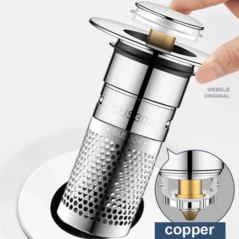 Press-Type Bathroom Drain Stopper, Rustproof Metal Filter Core, Universal Fit for 34-40mm Basin Drains (Easy Clean Design)