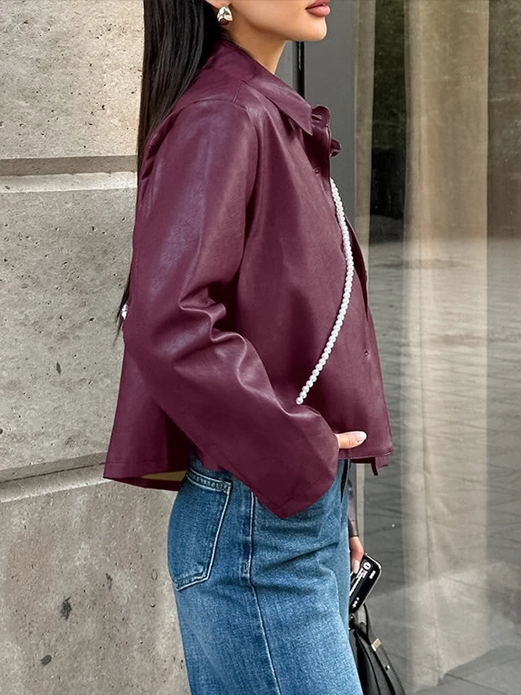 Retro Burgund Revers Leder Jacken Frauen Casual Einreiher Kurze Jacke Weiblichen Frühling Chic Moto Biker Straße Outwear ﻿