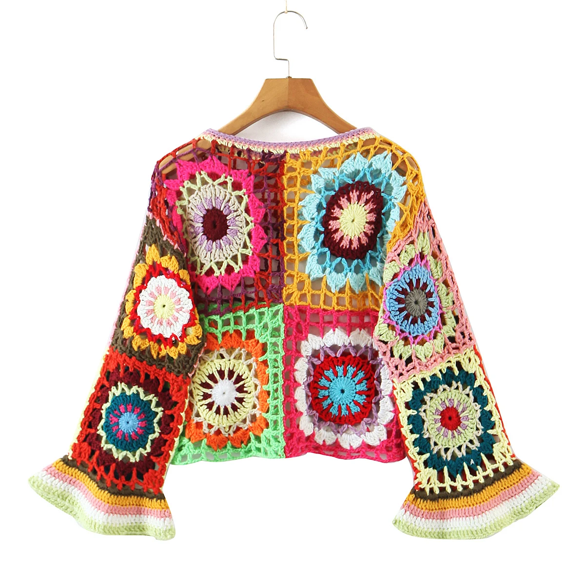 Harajuku Handmade Hollow Out Crochet Geometric Short Bat Sleeve Women Summer Cropped Pullovers Retro Holiday Sweater Tops