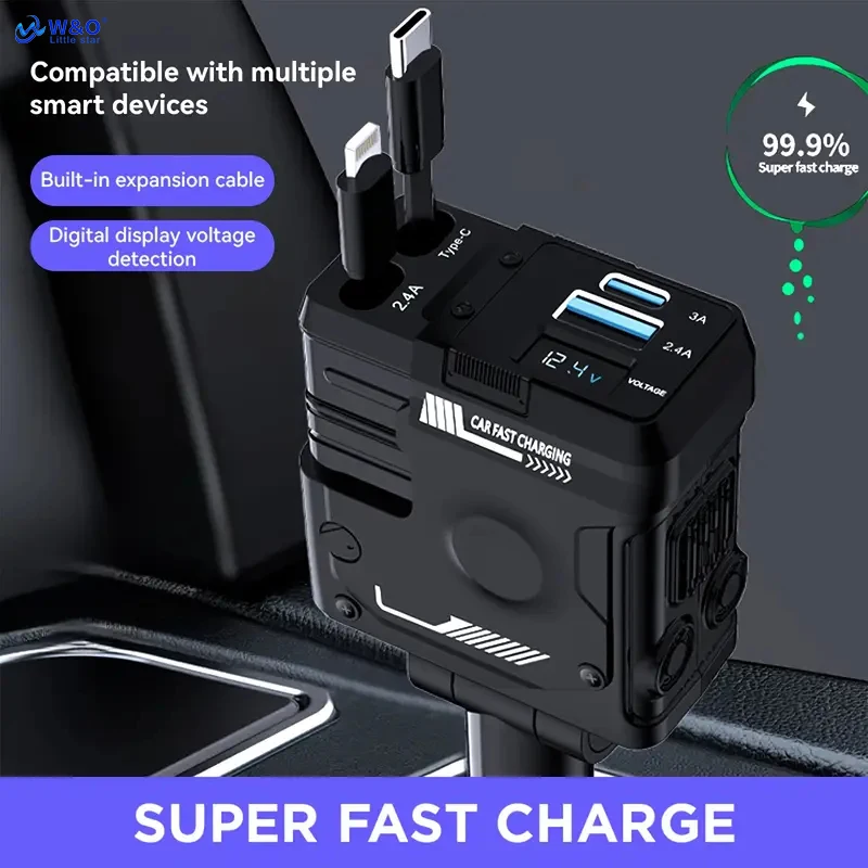 W&O 120W Retractable Fast Charging Car Charger, Type-C Mobile Phone Fast Charger for IOS Android, Overheat Protection