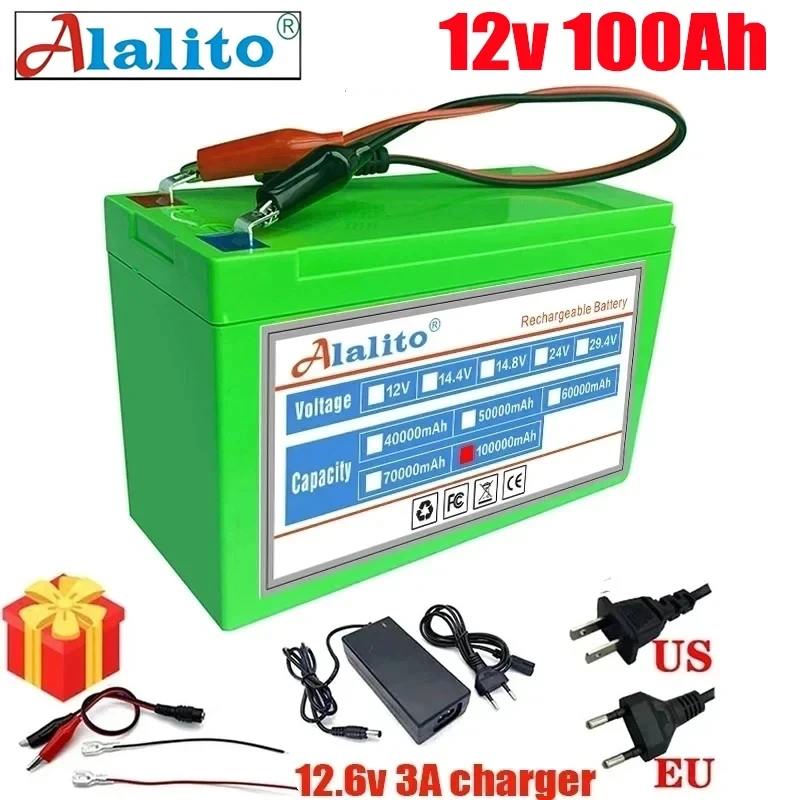 

New 12V 40Ah 50Ah 100Ah lithium Battery Pack Lithium Iron Phosphate Batteries Built-in BMS For Solar Boat+12.6V Charger