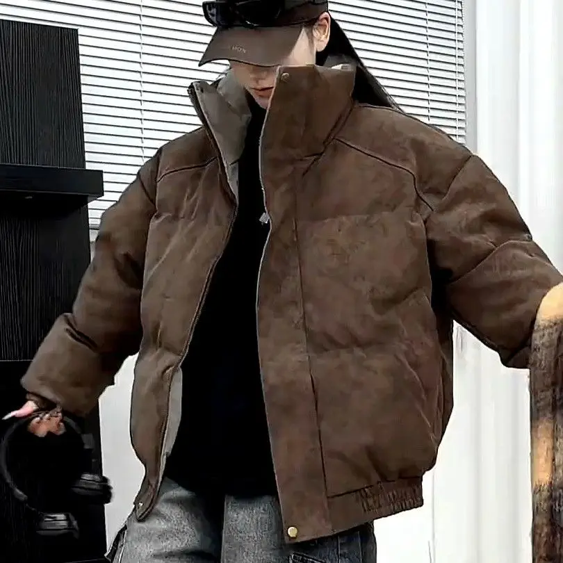 American new thickened down jacket stand-up collar large size casual men's jacket youth PU leather winter warm coat