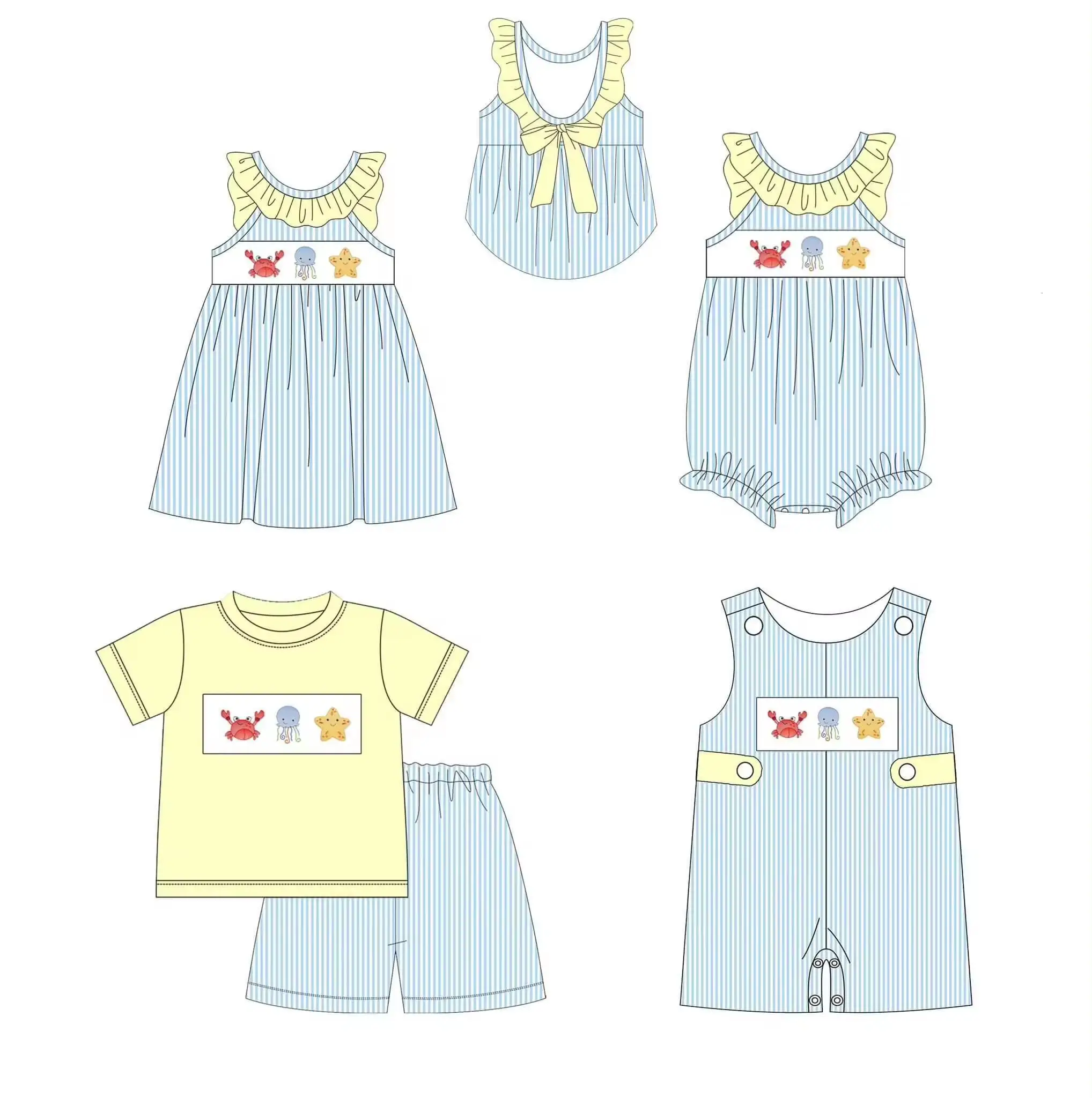 

Wholesale children's milk silk suit yellow lace collar dress crab print blue short sleeve shorts suit hot sale clothes