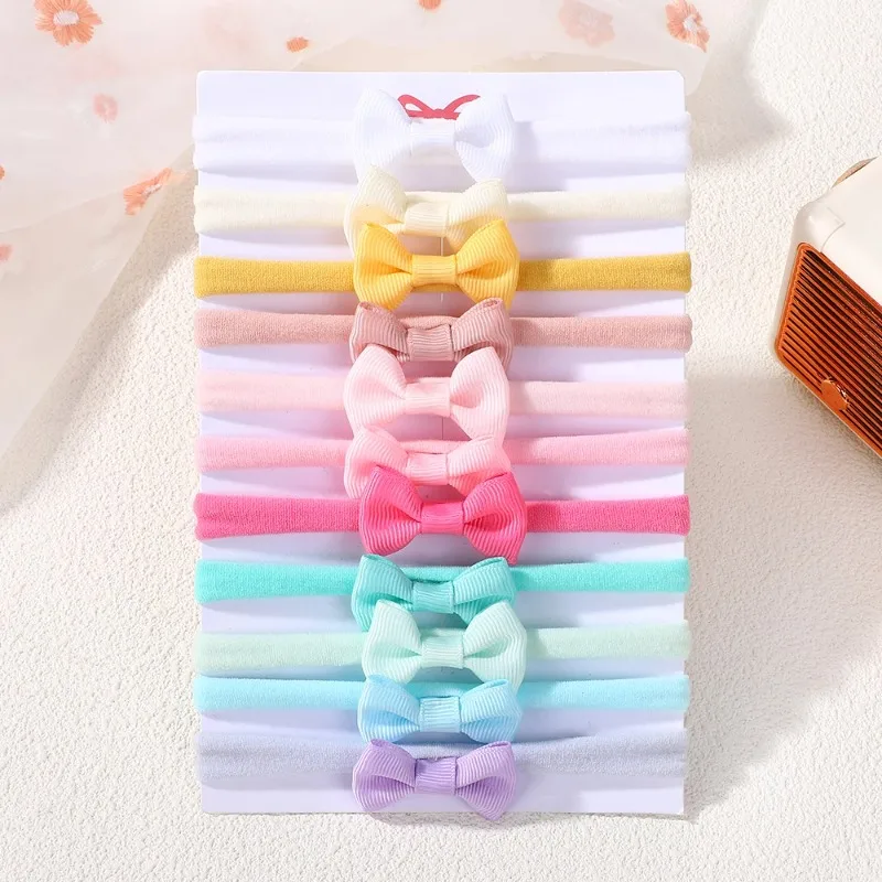 11Pcs Solid Color Bowknot Headband Set Mini Nylon High Elasticity Baby Head Bands Non-Damaging Hair Accessories