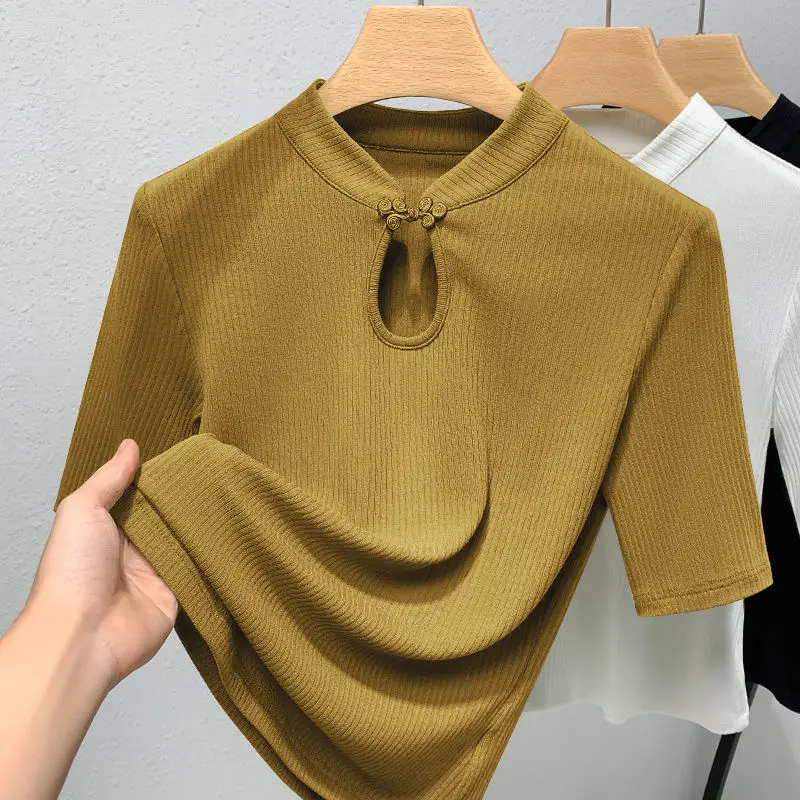 Summer Small Standing Neck Slim Vintage Button Chinese Style Screw Thread Solid T-shirt Women's Simple Casual Short Sleeved Top