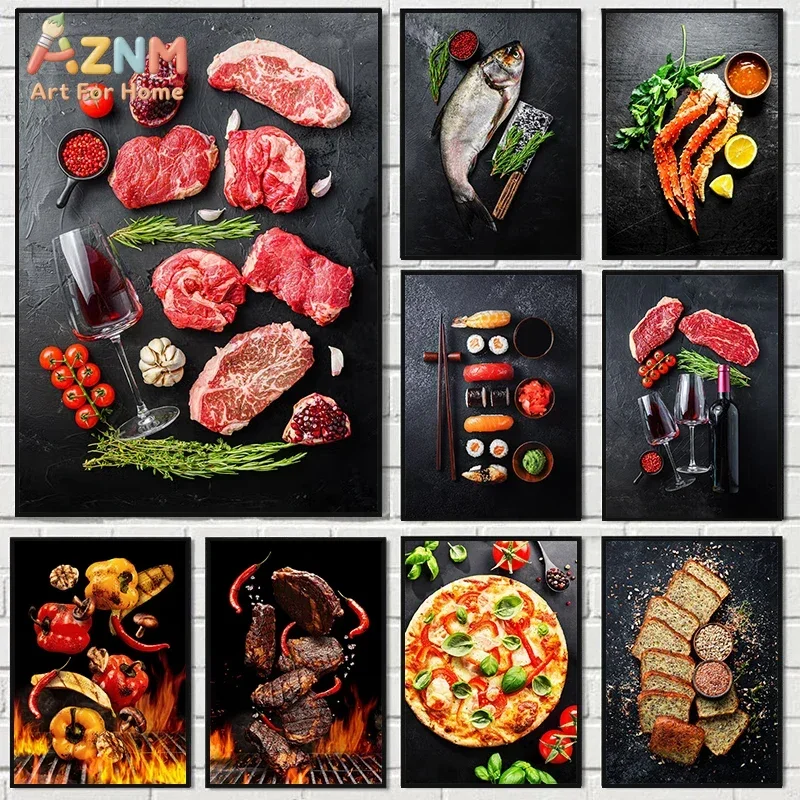 AZNM Gourmet Food Canvas Print, Frameless Steak Seafood Pizza Sushi Wall Art Poster, Kitchen Dining Room Restaurant Home Decor