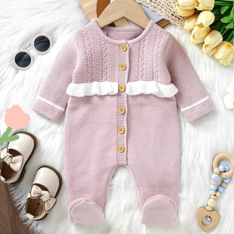 Newborn Infant Pink Outwear Jumpsuits Playsuits Knit Children Outfits 0-18m Casual Long Sleeves Baby Girls Rompers Clothes 0-18m