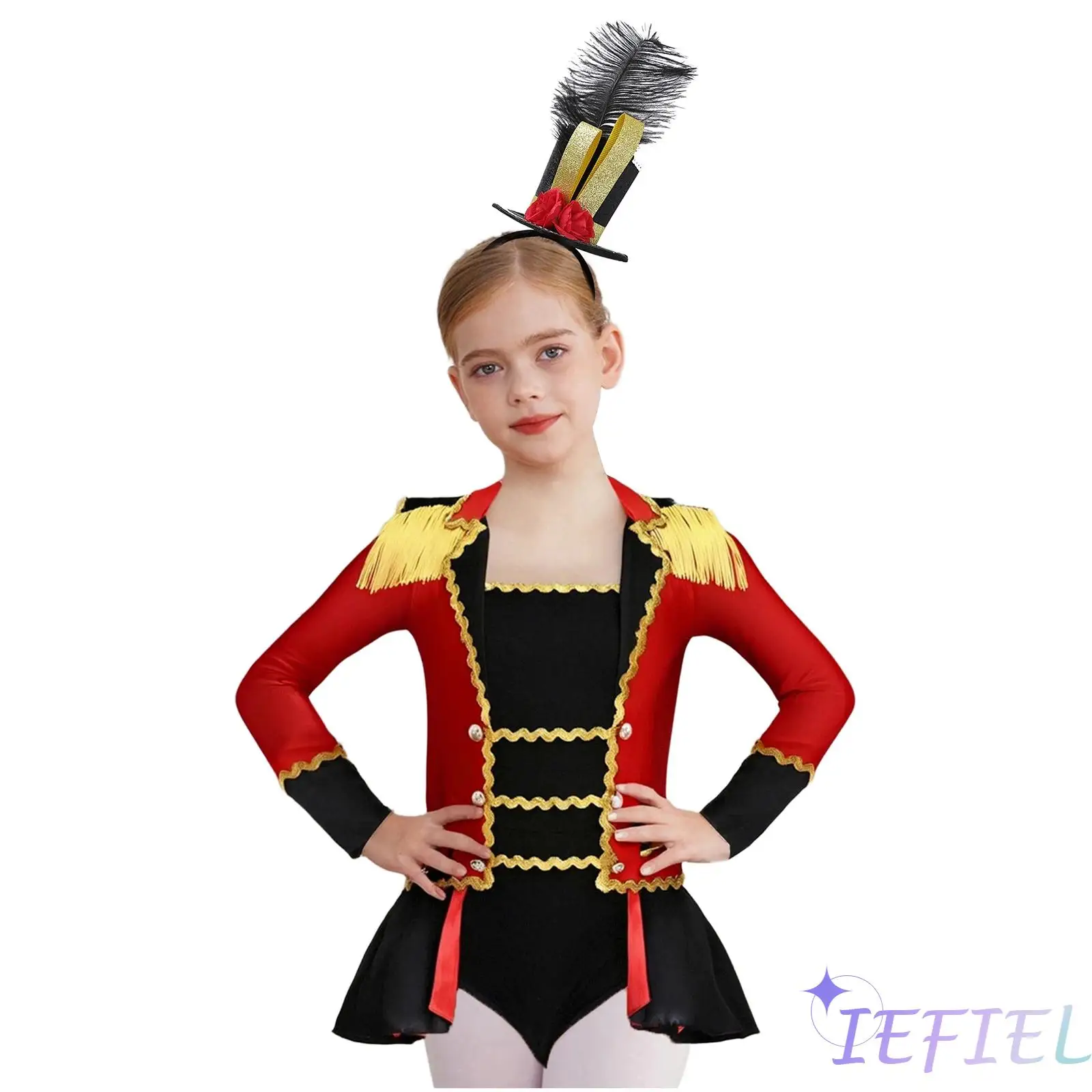 

Kids Girls 2Pcs Circus Costumes Color Contrast Back Invisible Zipper Pleated Overlay Crotch Buttons Jumpsuit And Hat Hair Hoop