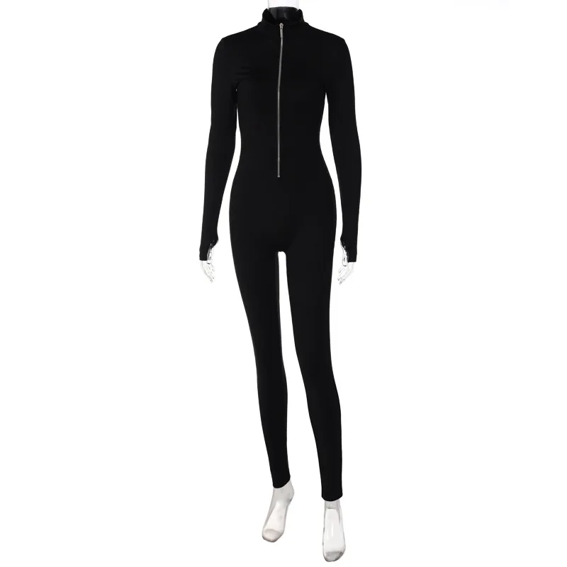 Y2K Halb-Reißverschluss-Jumpsuit mit hohem Kragen, langärmliger, figurbetonter, dehnbarer, eng anliegender Einteiler – Detail 11