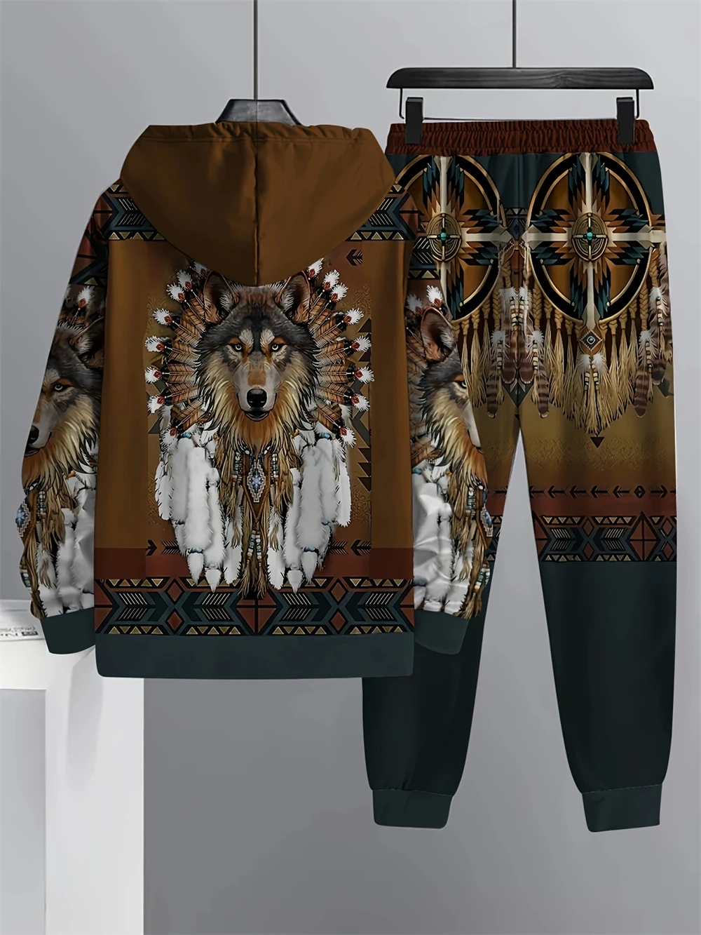 Men's wolf print hoodie and jogging pants set long sleeve hoodie set vintage autumn and winter wear casual men's sweatshirt set