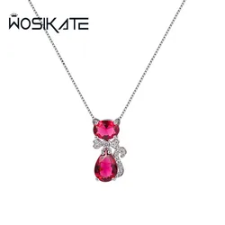 WOSIKATE Korean Ruby Cat Pendant Necklace For Women 925 Sterling Silver Fashion Jewellery Clavicle Chain Accessories