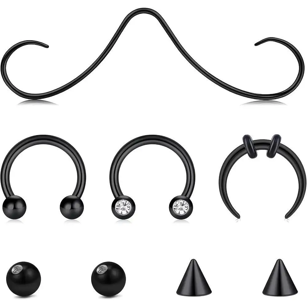 1/8pcs Set Mustache Septum Ring Stainless Steel Jewelry Piercing Replace Ball Set 16G Nose Lip Rings Fashion Cartilage Black