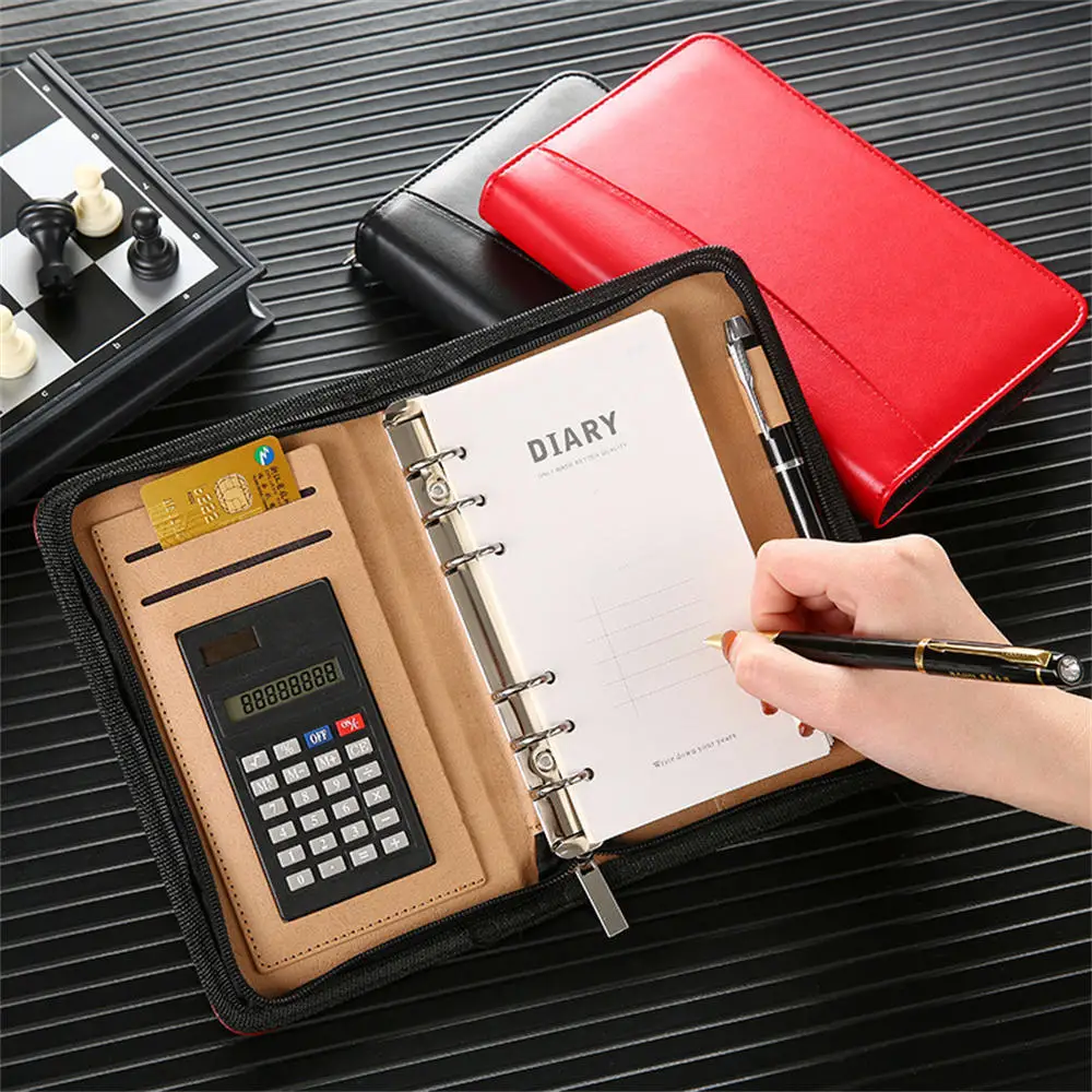 A6 PU Leather Business Notebook With Zipper Loose Leaf Folder Diary Binder Notebook With Calculator Journal Book Notepad