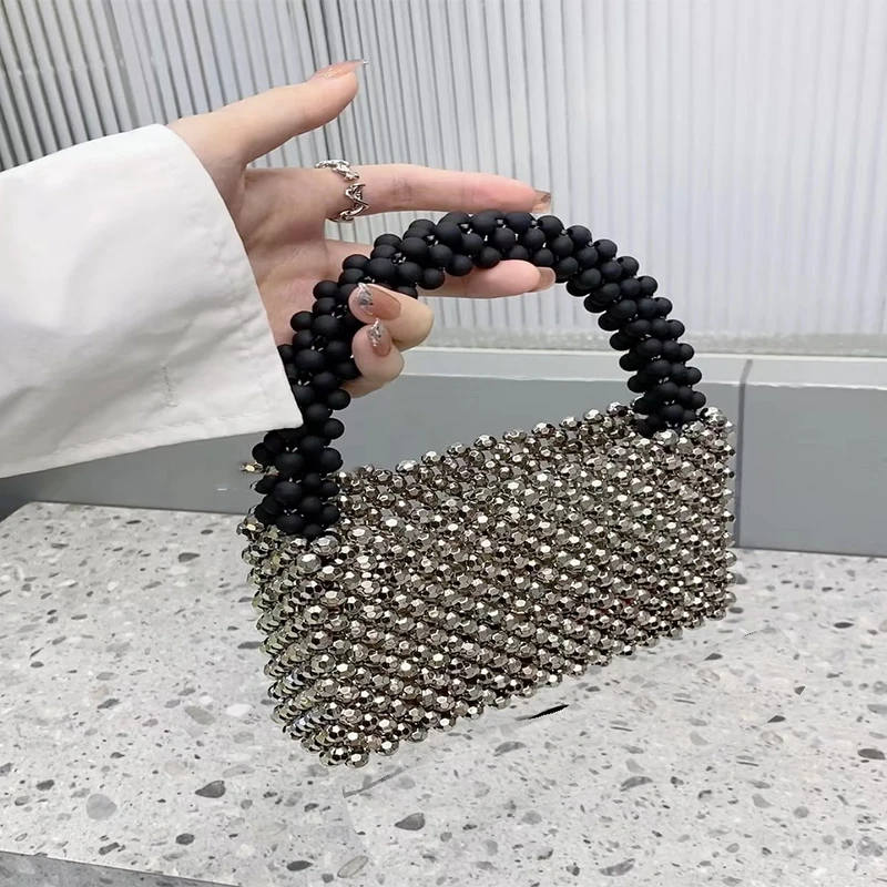 Handmade Crystal Metalic Beaded Bags for Women Fashion Bright Black Silver Small Square Handbag Handmade Shopper Pearl Summer