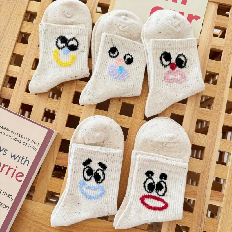 5 Pairs Funny Kawai Expression Socks Cartoon Women's Mid-tube Korean Ins All Kinds Academy Wind Japanese Cute Sport Comfort Sock