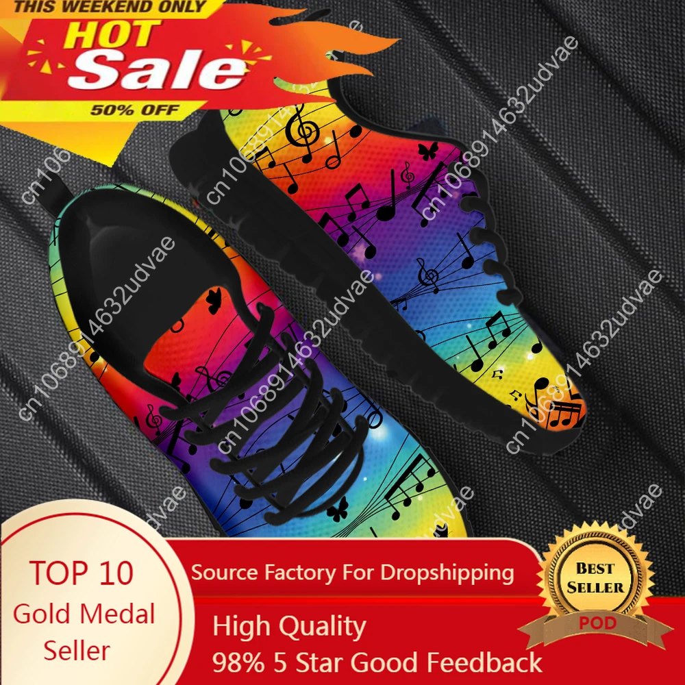 

Rainbow Musical Note Print Women Casual Mesh Sneakers Lace Up Flats Shoe Brand Design Light Weight Footwear Zapatos