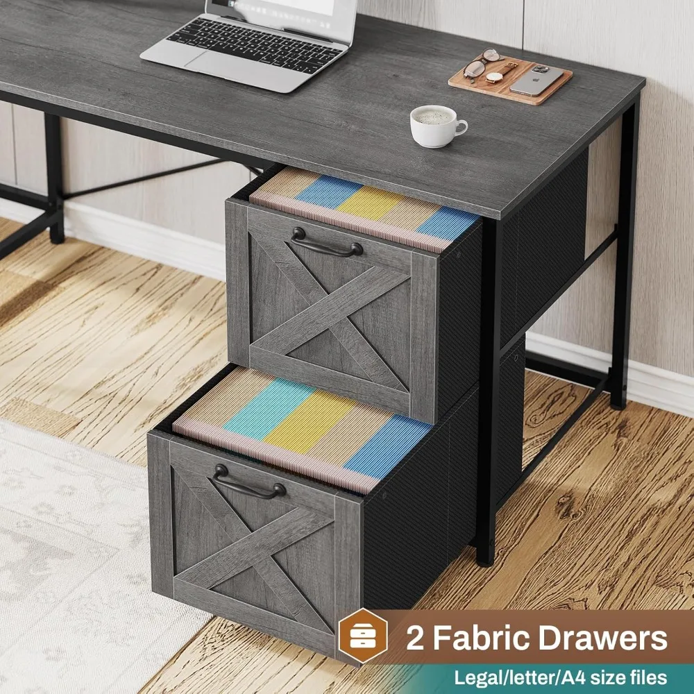 L Shaped Gaming Desk, Reversible Computer Desk with Fabric Drawers and Power Outlet, Gaming Desk with Led Lights, Customized