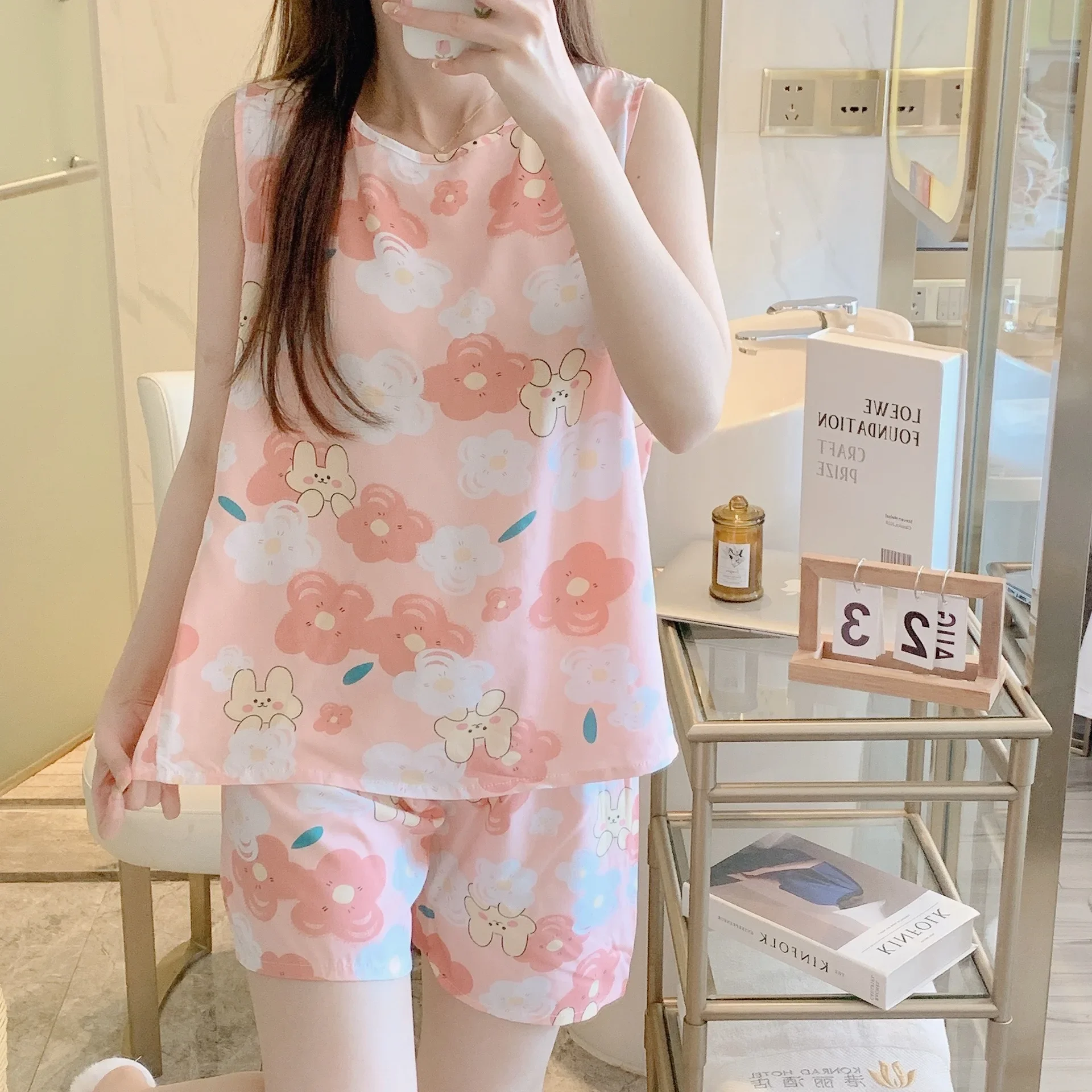 Sleeveless Shorts Floral Print Woman Satin Pajama Sets Ensembles 2 Piece Two Piece Pants Outfit Lounge Women Pijama Sleepwear