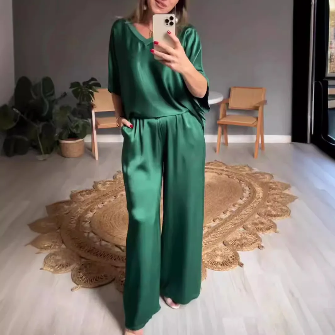Summer Short-sleeved T-shirt Two-piece Solid Color V-neck Top Pullover Wide-leg Pants Suit For Women Spring Loose Satin Suit