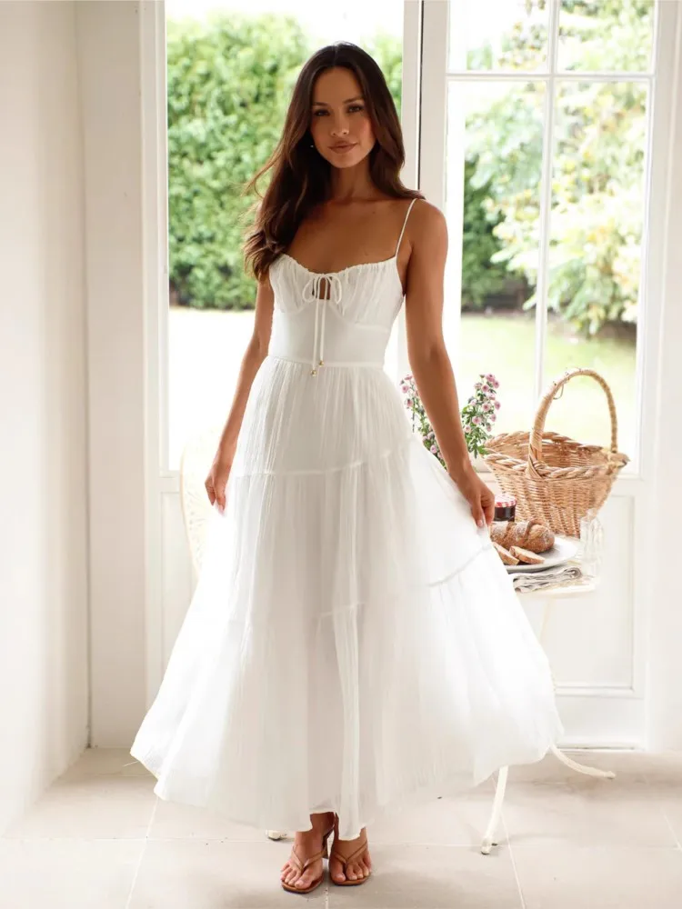 

Hollow Out Lace Up Sleeveless Camisole Long Dress Summer Women's Wear Spliced Chiffon Backless Long Style With Large Swing Dress