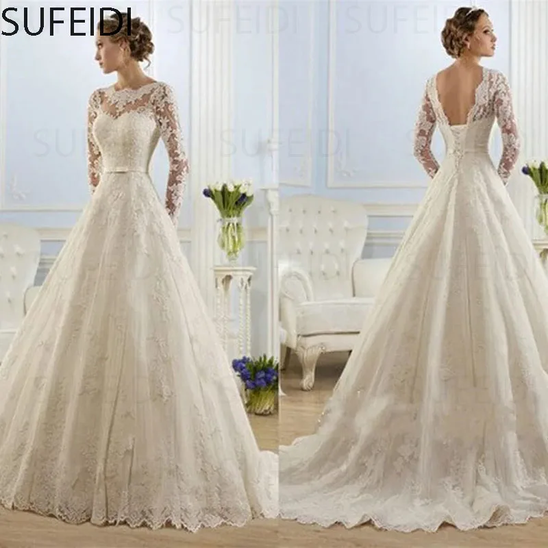 Elegant A-Line Wedding Dresses Long Sleeve Tulle with Belt Bow Women's Wedding Ceremony Gowns Formal Occasion DressesTrailing