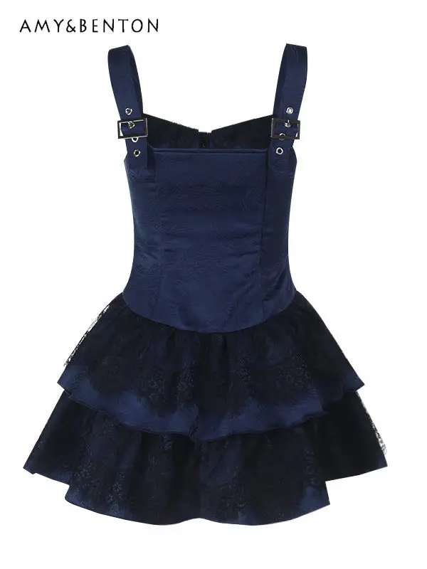 

2026 Summer New Women's Gothic Retro Style Blue Square Neck Lace Patchwork Slim Fit Daily Party Short Slip Dress