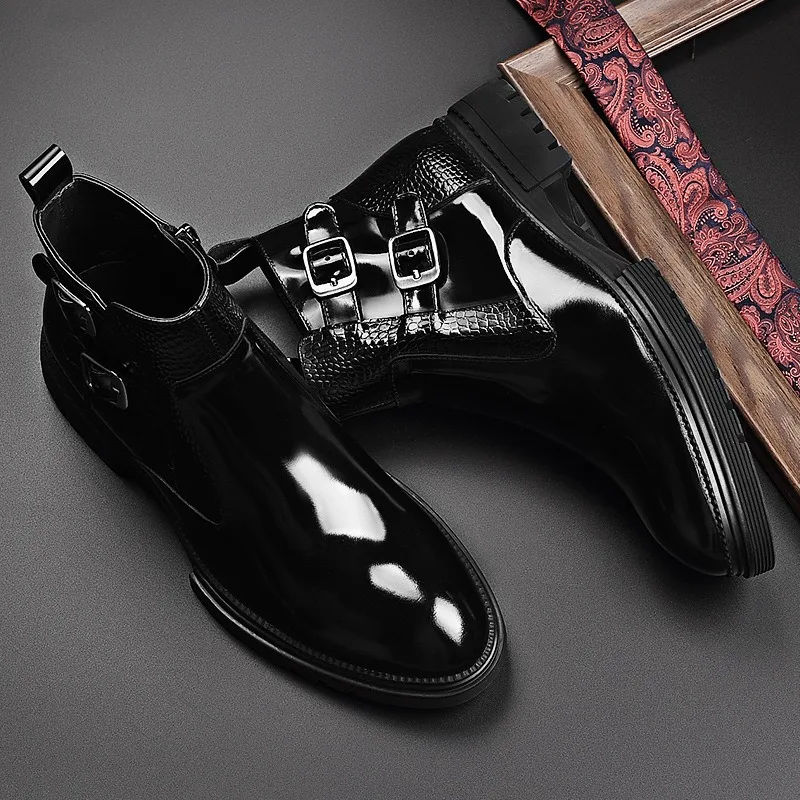 size 38-48 black shine shoes casual platform ankle boots for man patent leather punk boots for man gothic crocodile stivali uomo