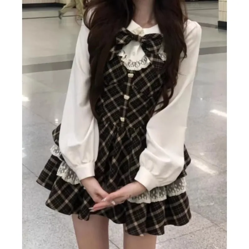 Women Vintage 2 Piece Set Preppy Sweet Doll Collar Plaid Long Sleeve Dress Cape Harajuku Y2k Chic Matching Outfit New Arrival DD