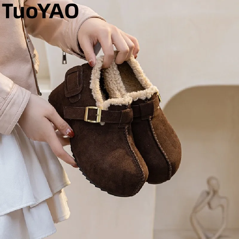 

7CM Snow Boots Platform Heels For Women Suede Leather Ankle Boots Shoes Comfortable Insulated Warm Winter Boots
