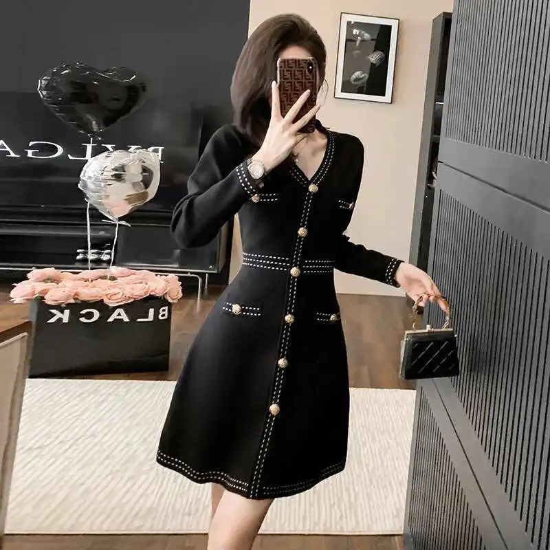 #0934 Office Sweater Dress Women V-neck Single Breasted Mini Dress Female Long Sleeve Slim Fit Short Knitted Dress Korean Style