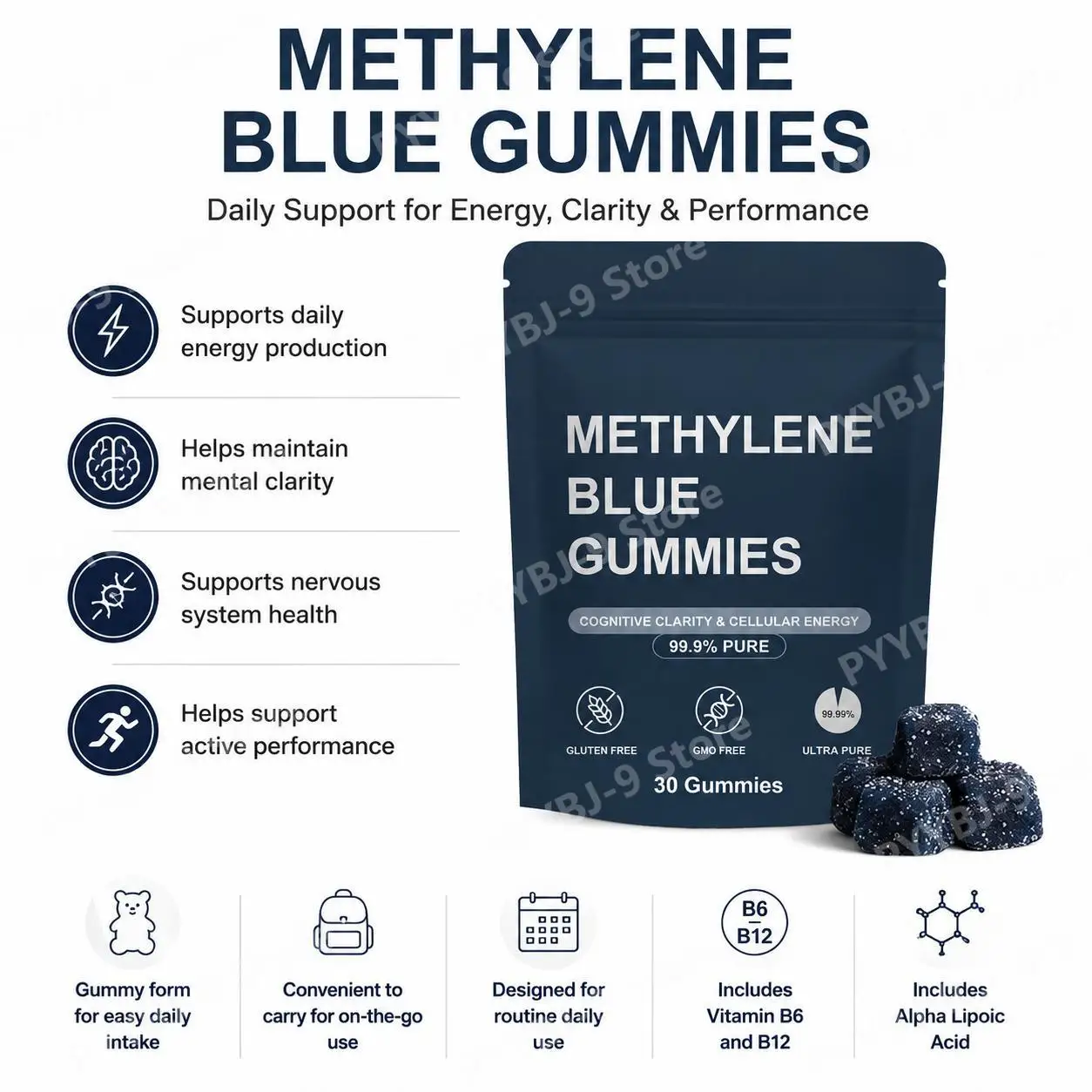 Methylene Blue Gummies with Benfotiamine, Alpha Lipoic Acid, Vitamin B6 & B12 for Mental Clarity and Nerve Health - 30 Gummies
