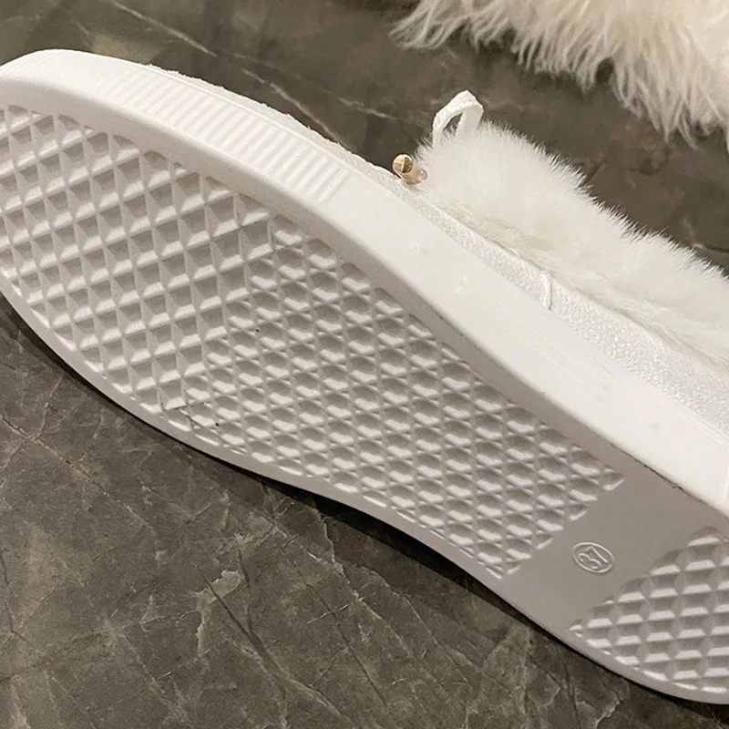 Damen Warme Slipper mit Plüschbesatz, Kunstwildleder-Schleifendekoration, Dicke Gummisohle, Rutschfest, Winterliche Freizeitschuhe für den Alltag, Flache Damenschuhe – Detail 7