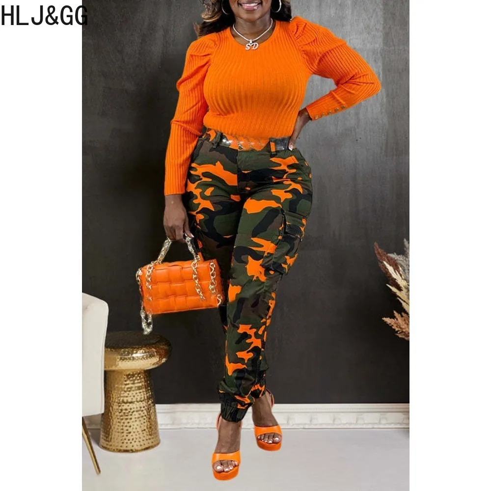 HLJ&GG Camouflage Print Trousers High Waist Pockets Cargo Pants Spring 2024 Zip Fly Casual Streetwear Women Camo Long Pants