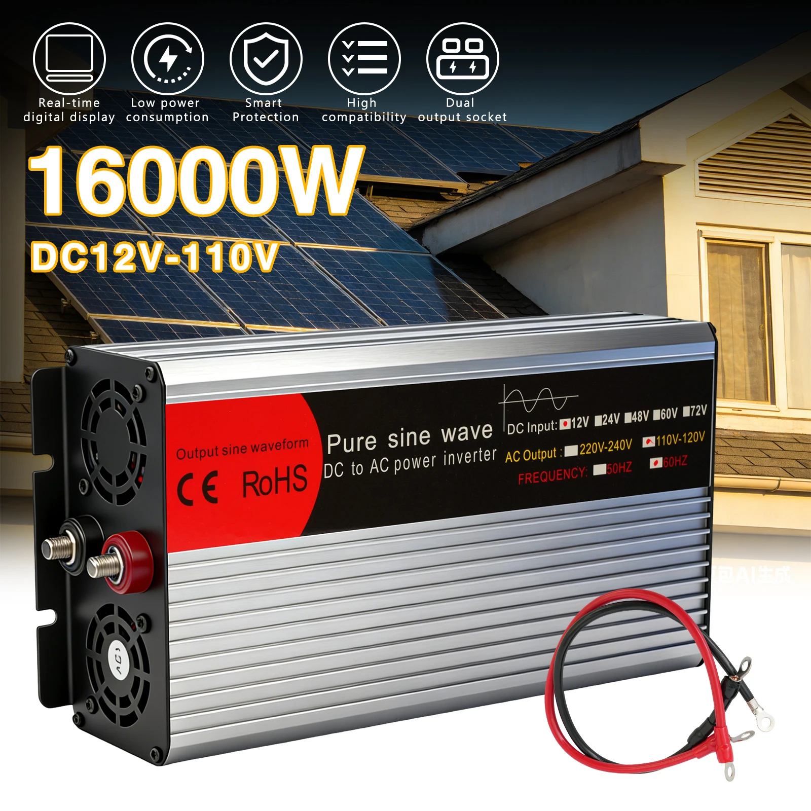 16000W Car Power Inverter DC 12V to AC 110V Pure Sine Wave Solar Converter Portable with LCD Display