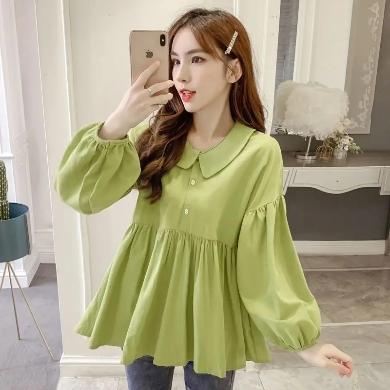 Casual Elegant Long Sleeved Doll Neck Shirt for Women\'s Spring Autumn New Korean Loose Slimming Covering Belly Versatile Top