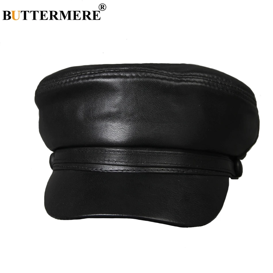 BUTTERMERE Leather Military Caps For Men Black Casual Flat Caps Army Women Genuine Leather Vintage Autumn Winter Military Hats