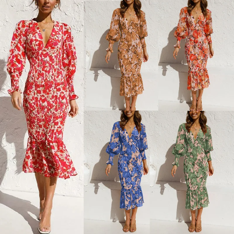 

Summer Spring Fashion Design Women OL temperament women's elastic waist long sleeved V-neck printed ruffle skirt dress