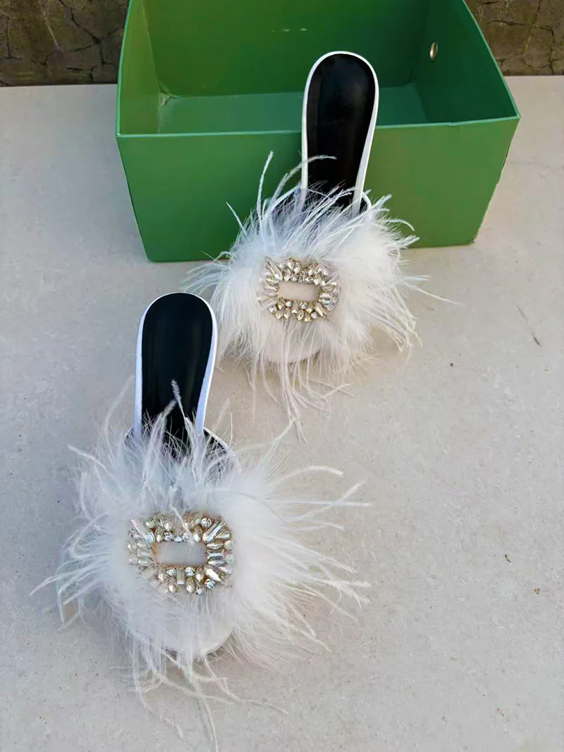 

New square button feather French retro high heels, women's cool slippers, fashionable women's shoes