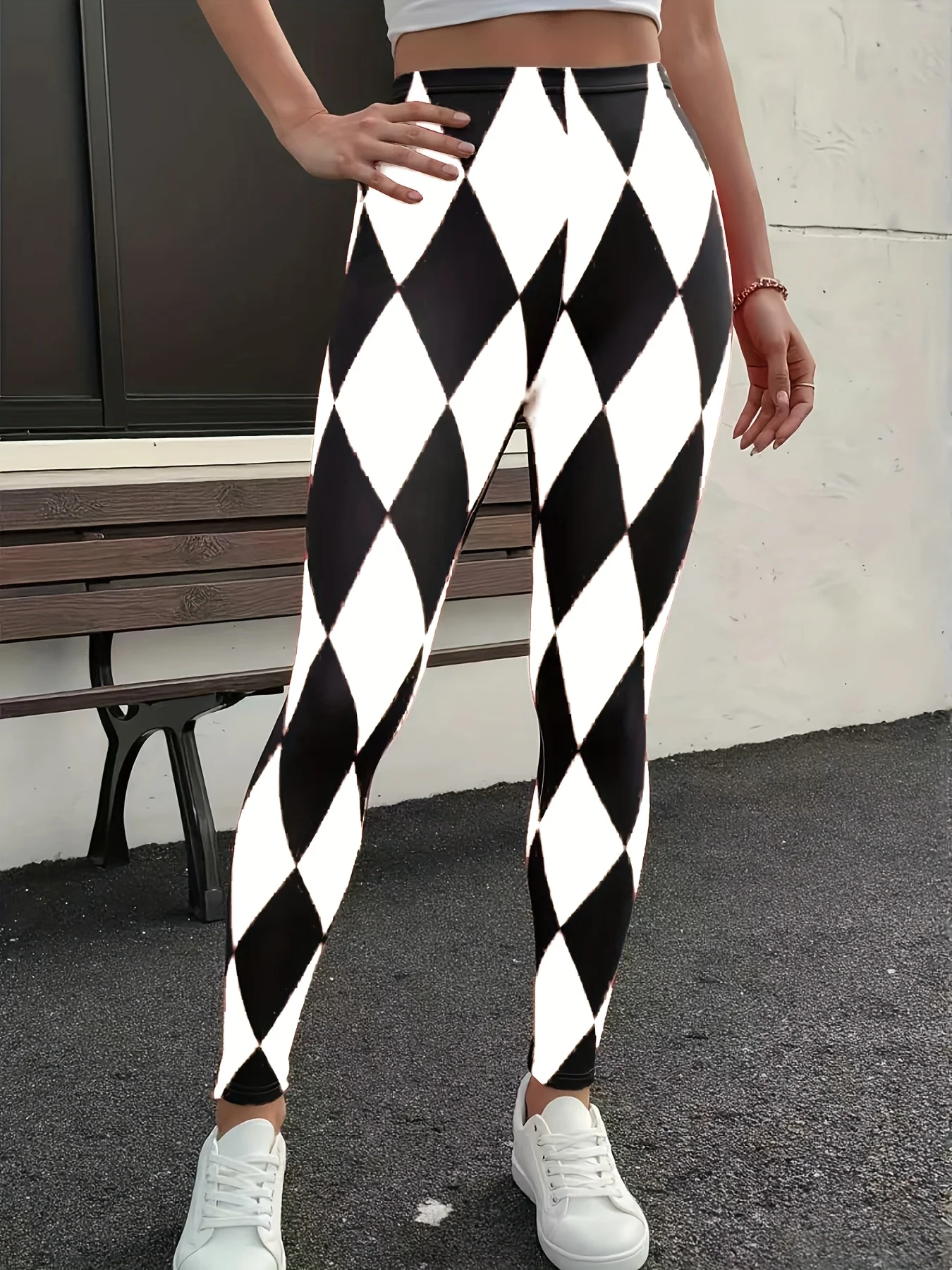 بنطال ضيق نسائي بطباعة مربعات هندسية، مصنوع من مزيج البوليستر والألياف اللدنة، مثالي لملابس الخريف والشتاء. #3