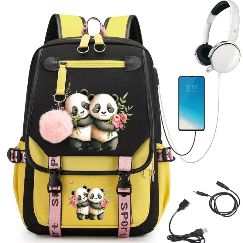 Mochila escolar con estampado de Panda para niñas, mochilas escolares de dibujos animados para estudiantes, adolescentes, Mochila para computadora portátil para adolescentes, Mochila Usb