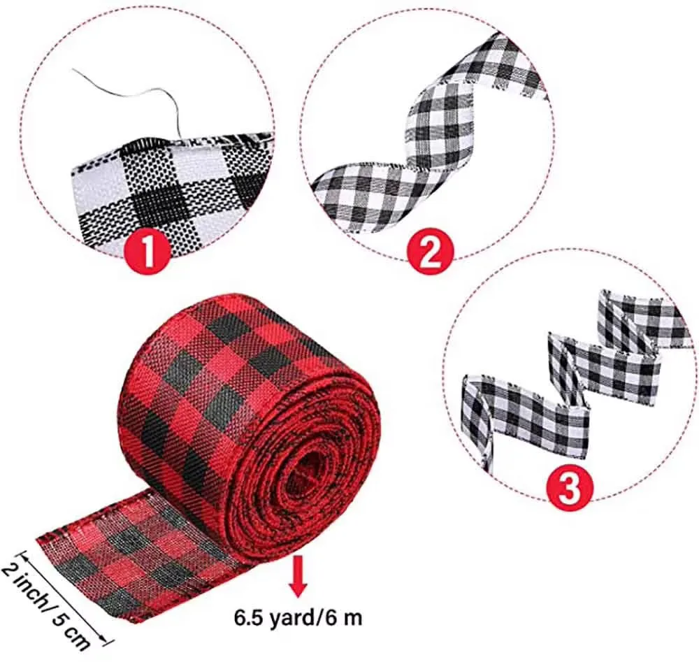 1/2/5/10/20 Rolls 6 Yards Christmas Wired Edge Ribbon Buffalo Plaid Burlap Ribbon for Gift Wrapping DIY Crafts Wreaths Decor