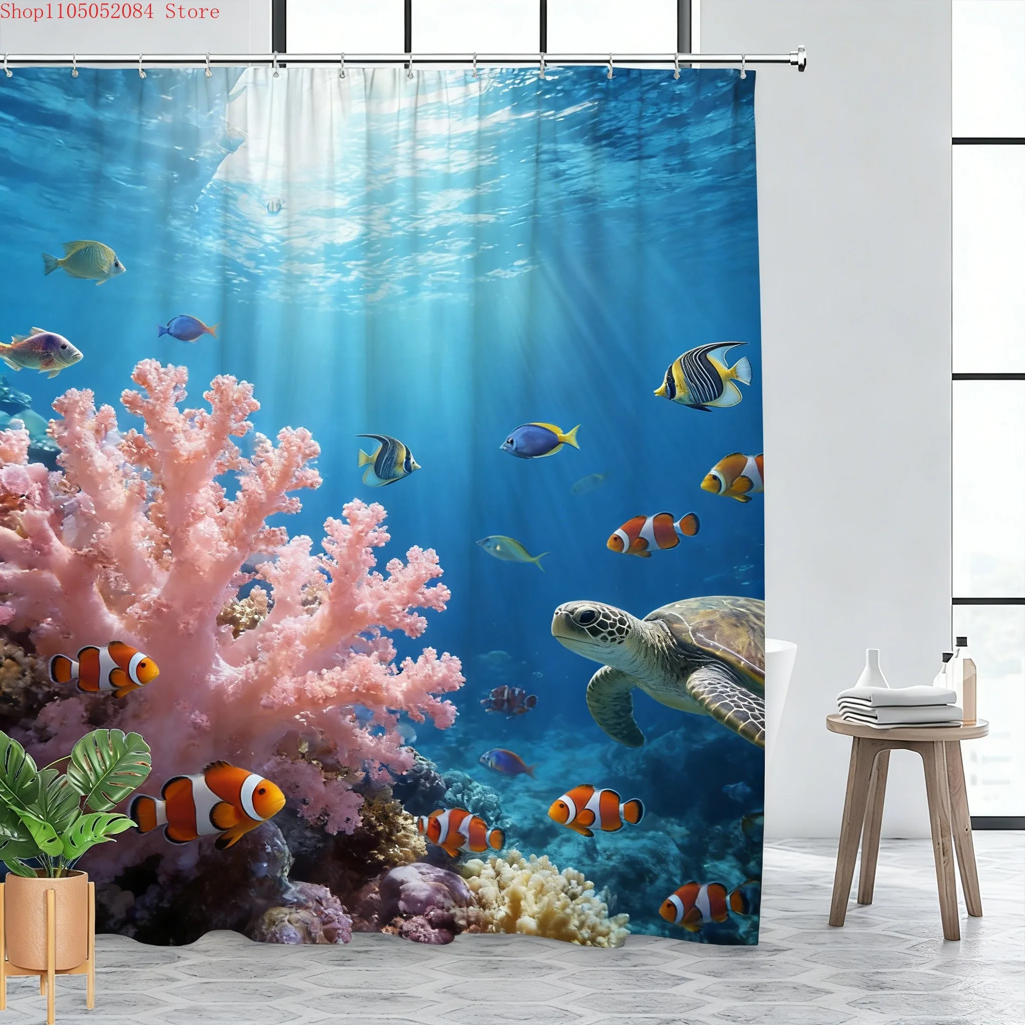 Lebendiger Unterwasser-Korallenriff mit Meeresschildkröte & Clownfisch Wasserdichter Duschvorhang für Badezimmerdekoration ✨
