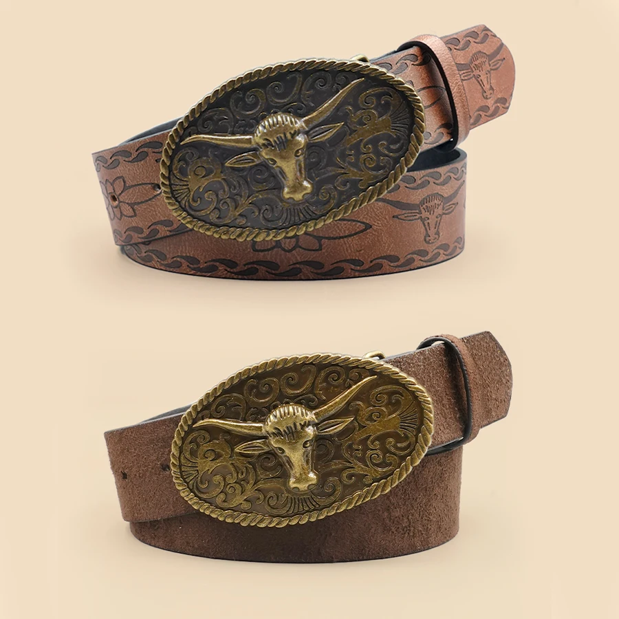 Retro Western Style Casual Belt with Antiqued Alloy Bullhead Buckle, a Versatile Accessory for Daily Commute and Dating