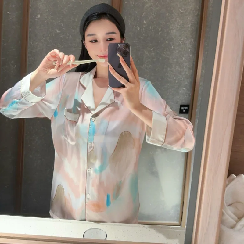 2025 Autumn Winter Ice Silk Classic Women Pajamas Fashion Long Sleeve Pants Loungewear Two Piece Set Nightwear Sleepwear Nighty