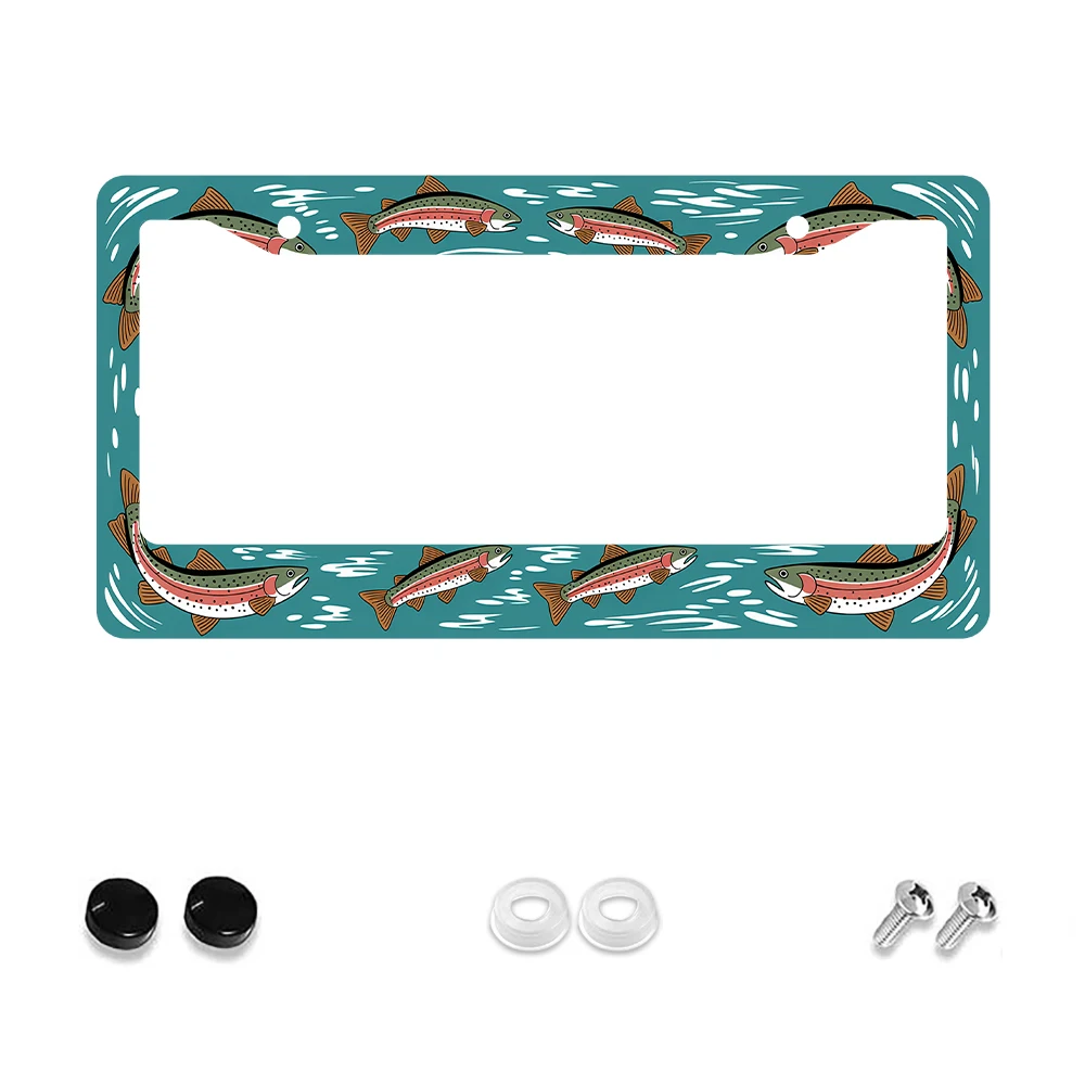 1pc Blue and Green Fish Pattern 2 Hole License Plate Frame Aluminum Material 6x12 Inches with Screw Set Cartoon Fun Car Decorat