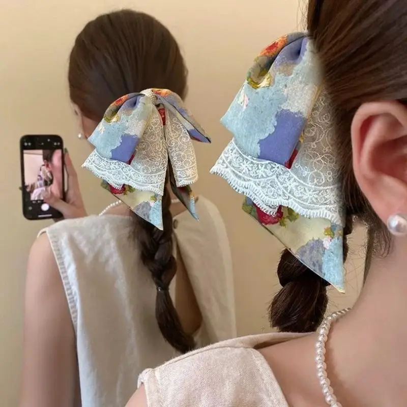 Oil Painting Style Lace Bow Ponytail Clip Hair Clip Elegant Hair Claw For Women Sweet Girls Vintage Style Hair Accessories
