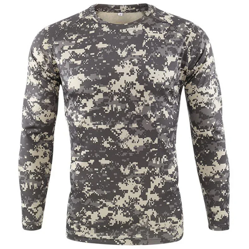 Army Digital Camouflage Long Sleeve T-Shirt Men Military Tactical Quick Dry Breathable Crewneck Slim Fit Base Layer Hunting Tops